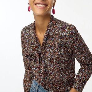 J. Crew Ditsy Floral Tie-Neck Long Sleeve Cotton Blouse
